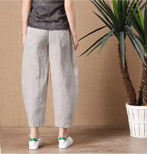 亚麻裤子女夏九分宽松薄款棉麻松紧腰阔腿裤复古文艺百搭休闲裤清新蓝