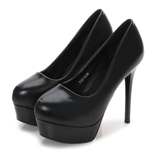 雪衣王春秋单鞋女细跟圆头防水台厚底裸色高跟鞋12cm商务职业女 黑色