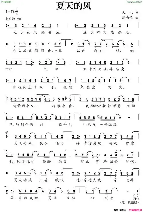 夏天的风天天词周杰伦曲简谱-温岚演唱-天天/周杰伦词曲1