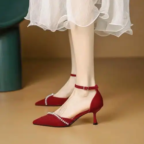 米白色包头凉鞋女细跟珍珠浅口尖头伴娘高跟鞋不累脚小跟中空单鞋