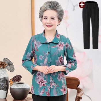 夏天穿的服装中老年人夏装女衬衫妈妈装长袖衬衫夏季上衣80奶奶套装