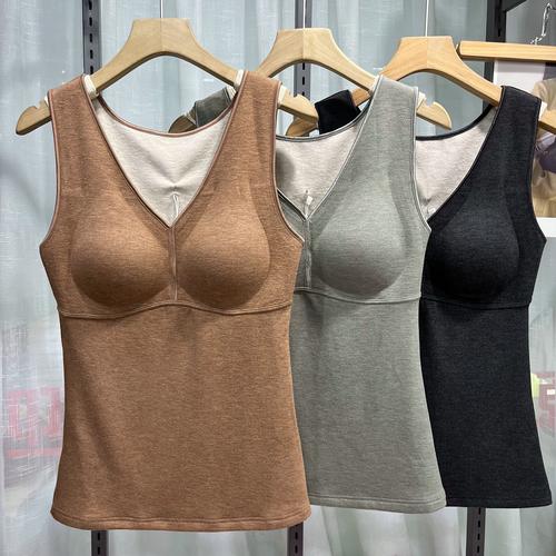 蚕丝双面绒暖塑背心秋冬新款v领亲肤加绒保暖内衣带胸垫打底上衣