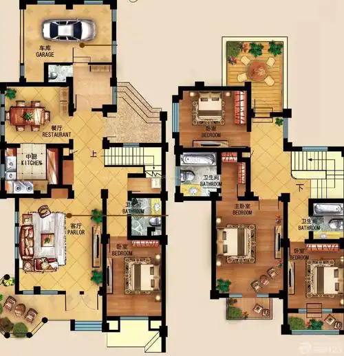 美式风格农村简单小别墅户型图_装修123效果图
