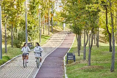 植物校园校园里的高中生骑单车背景