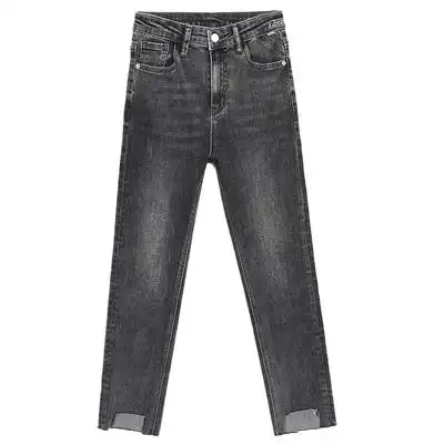 烟灰色牛仔裤女高腰弹力宽松小直筒裤子大码显高显瘦九分烟管裤潮