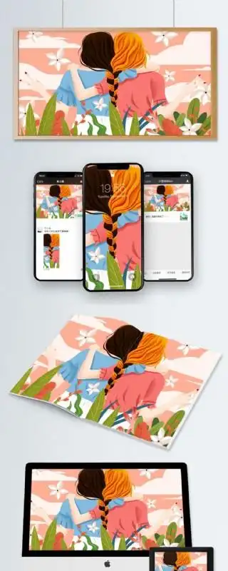 清新闺蜜亲密背影比耶插画