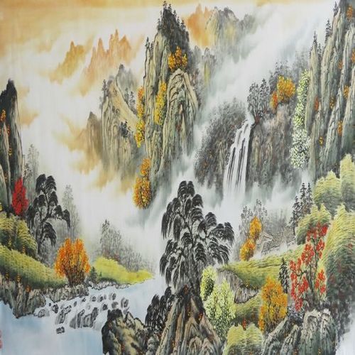 纯手绘六尺横幅客厅书房写意秋景瀑布山水画名人字画国画中国书画