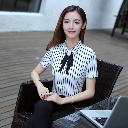 职业装条纹衬衫短袖工作服正装女套装面试衬衣珠宝店衬衫