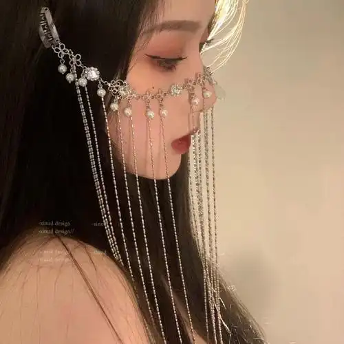 汉服面纱人间苏妲己超仙汉服面帘古风遮脸面纱女流苏眉心坠头饰拍照