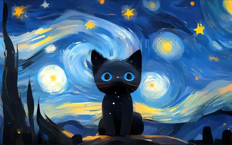 《暗夜喵灵2》梵高画风星空下的小猫咪,wallpaper4k高清动态壁纸分享