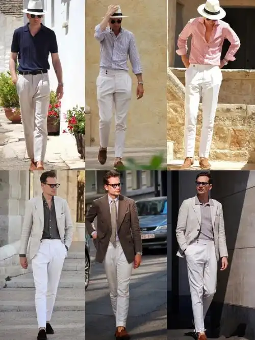 白色裤子可是重头戏与双排扣西装上衣搭配是如此的合拍好看