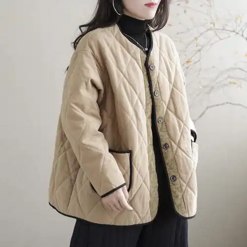 新款外套秋装女款棉质上衣加厚休闲拼接女装薄棉服女