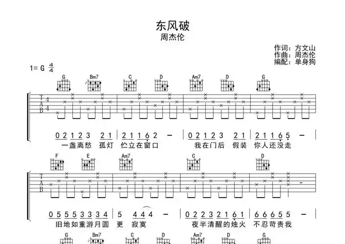 周杰伦《东风破》吉他谱 - g调弹唱六线谱 - 琴魂网