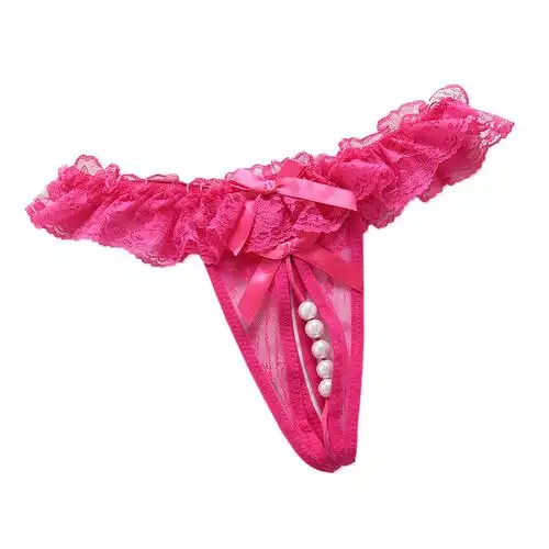 女士蕾丝花边性感开档免脱珍珠丁字裤女式情趣内裤三角超短裙子透明露