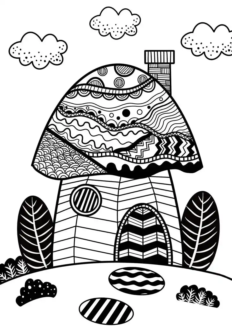 线描蘑菇房子.线描控笔练习 蘑菇屋房子简笔画 小学生创意美术 - 抖音