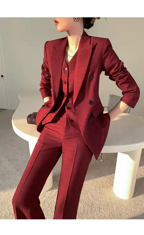 sgirl酒红色西装套装女感职业正装高端御姐风总裁马甲西服春秋三件套