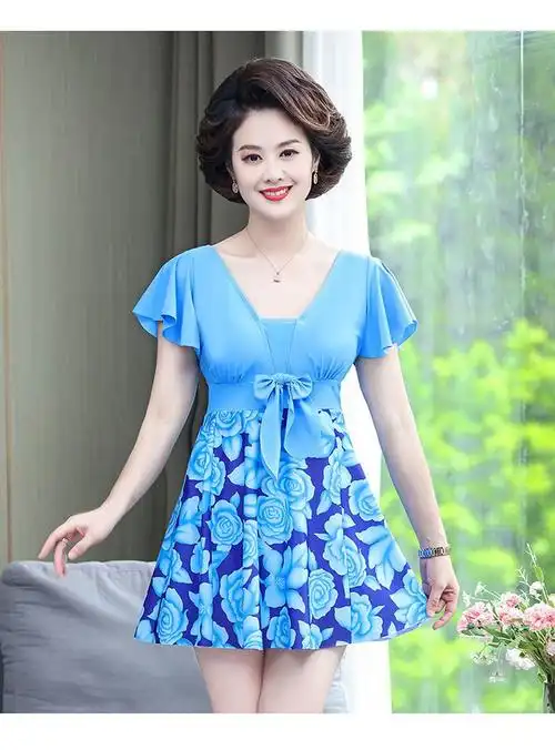 妈妈泳衣中老年中年泳衣女保守连体裙式遮肚显瘦泡温泉中老年人妈妈款