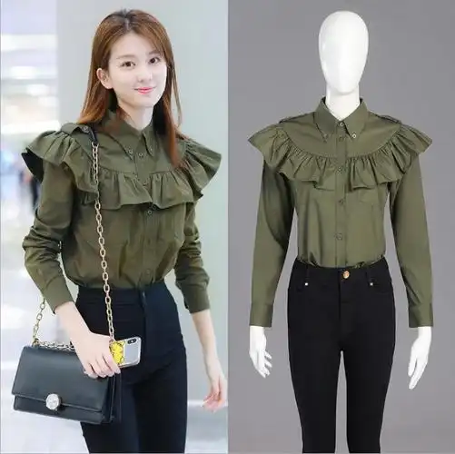 乔欣同款衣服女明星2019夏设计感衬衣小众洋气上衣荷叶边长袖衬衫