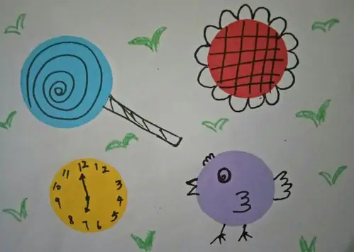 圆的创想 目标: 1,通过在圆形基础上添画的形式,激发幼儿的绘画兴趣 2