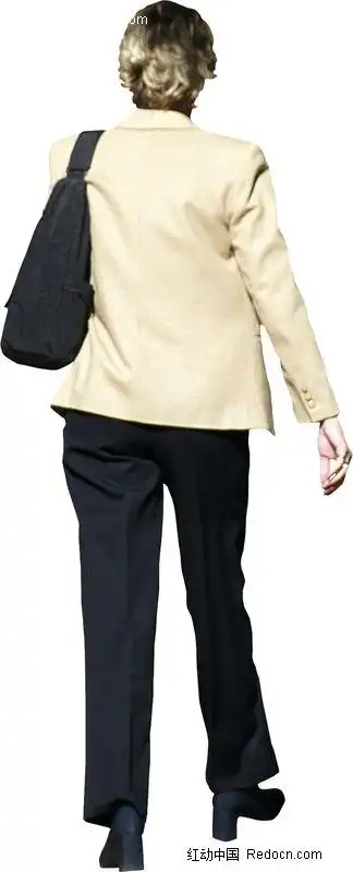 米黄色外衣行走的女子背影psd抠图素材