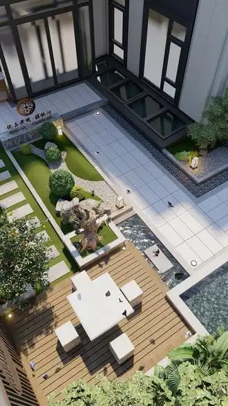 160平l型新中式庭院瀑布流水景墙木质地台汀步石拴马桩