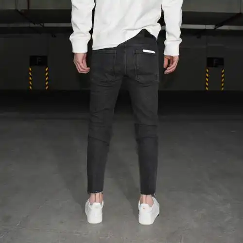 黑灰灰色拼色切边猫须小脚九分男青年简约修身牛仔裤