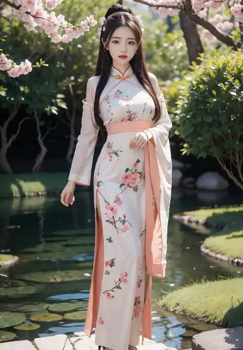 超清美女桃花林汉服旗袍小姐姐_花香_魅力_花瓣