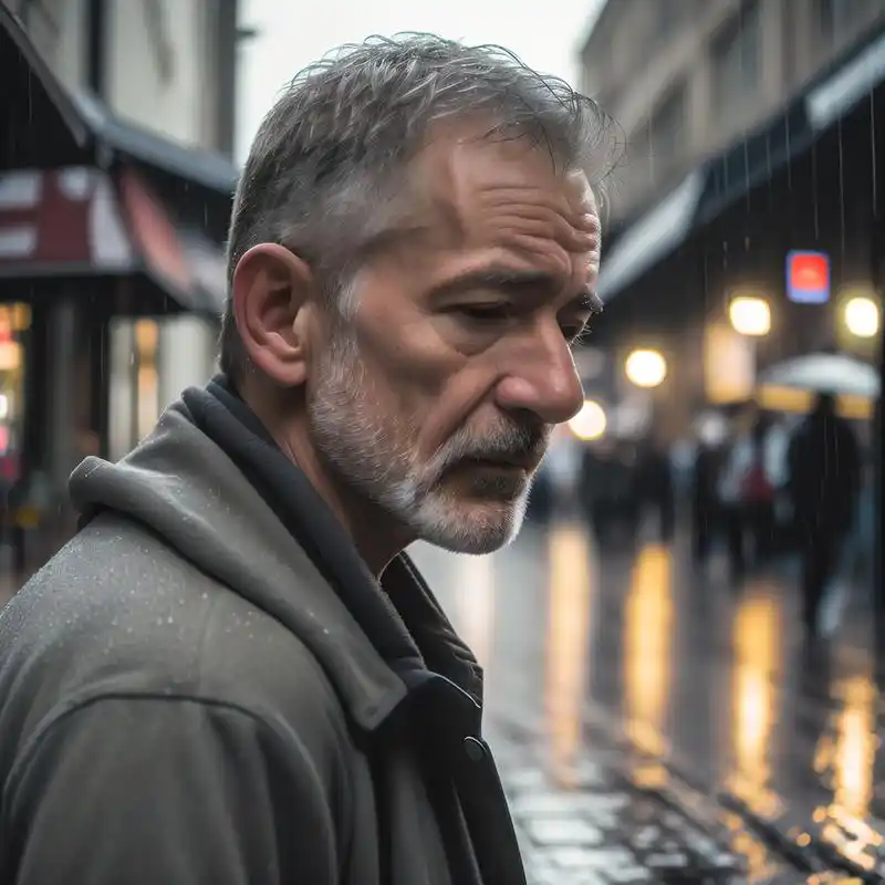 在雨夜的街道上,一个孤独落寞的中年男人漫无目的地行走着.