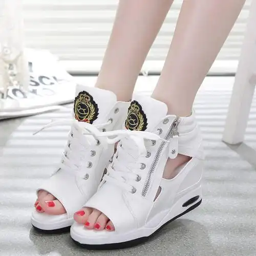 嘴鞋坡跟凉鞋女厚底凉鞋高跟鞋内增高女鞋子休闲鞋高帮时装凉鞋 白色