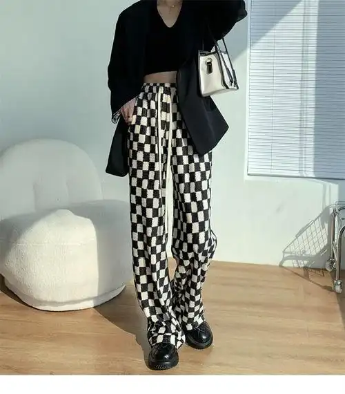 白鹿同款棋盘格裤子女2022春秋季新款显瘦休闲直筒裤宽松黑白格子垂感