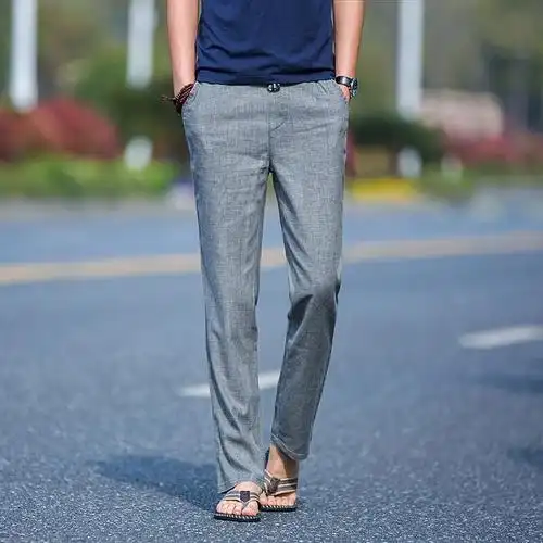 亚麻休闲裤男复直筒棉麻男士针织休闲长裤视频