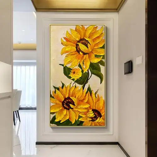 入户玄关装饰画现代简约挂画向日葵过道走廊尽头壁画手绘油画