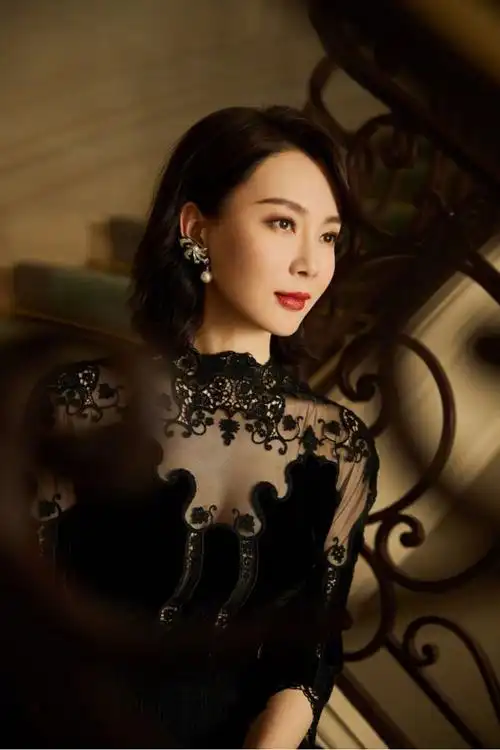 陈数现活动一袭黑色蕾丝连衣裙配齐肩发型高级贵妇感满满