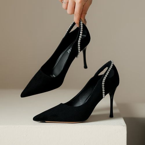 黑色水钻高跟鞋女配裙子细跟性感气质2024年新款浅口绒面尖头单鞋