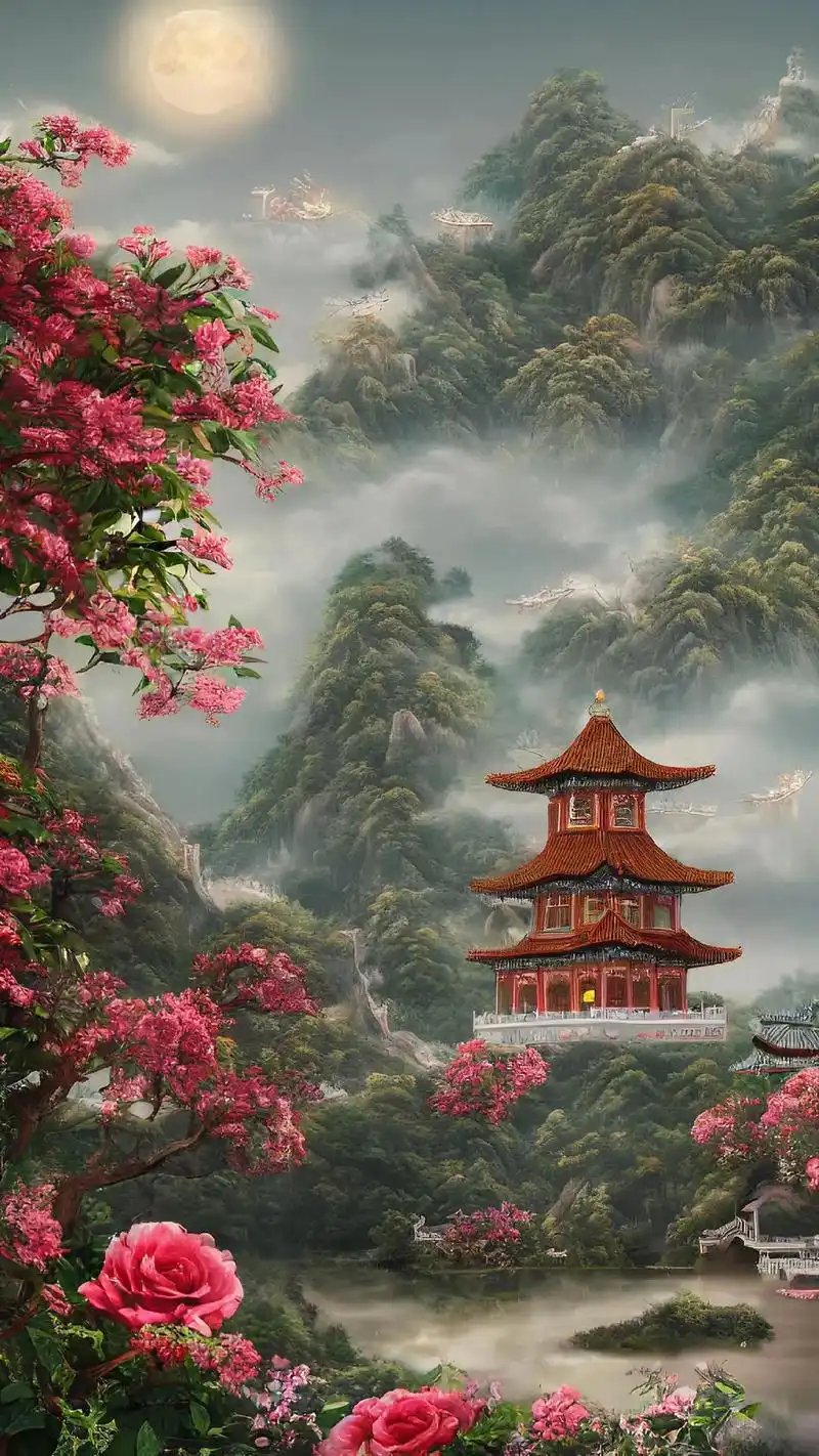 ai绘画漂亮山水画犹如人间仙境一般好想在这里生活