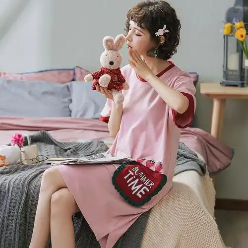 睡衣女夏季纯棉睡裙女学生可爱卡通韩版女士长款可外穿家居服裙子