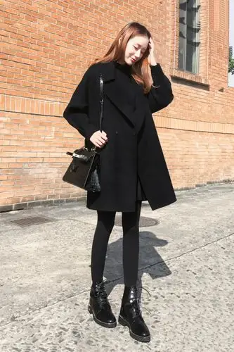 冬季新款毛呢外套加厚呢子大衣黑色打底衫打底裤时尚套装三件套女