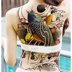 彩色鲤鱼锦鲤后背满背大图纹身贴男女防水持久仿真刺青纹身贴纸