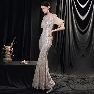 鱼尾晚礼服女2020新款宴会高贵气质银色高端大气名媛年会长款优雅