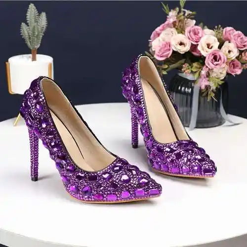 6色春季水晶钻石伴娘鞋婚礼派对女高跟女鞋新娘鞋尖头单鞋