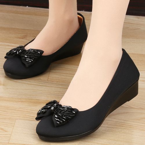 新款老北京布鞋女鞋工作鞋黑色坡跟平底上班鞋女圆头职业中跟鞋子