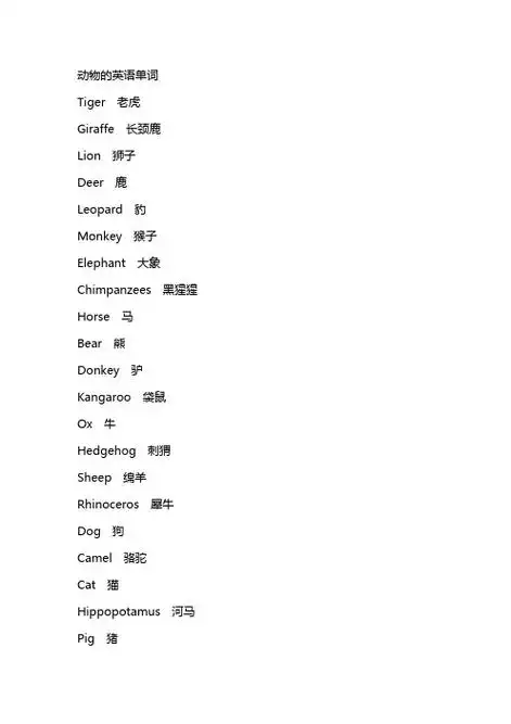 动物的英语单词tiger老虎giraffe长颈鹿lin狮子deer鹿lepard豹mnkey