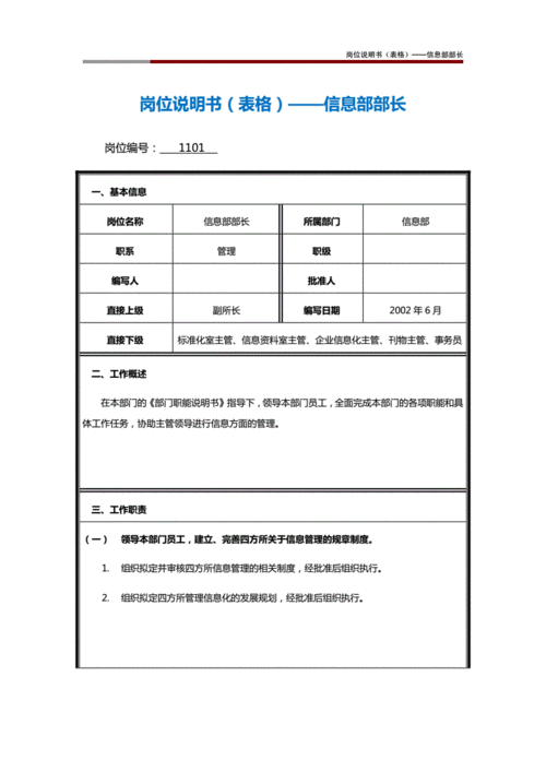 岗位说明书(表格)——信息部部长 .doc 6页