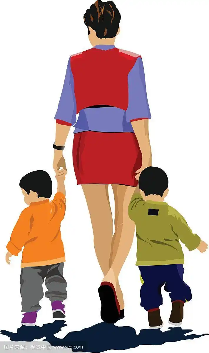 母亲带着两个孩子走着.矢量图