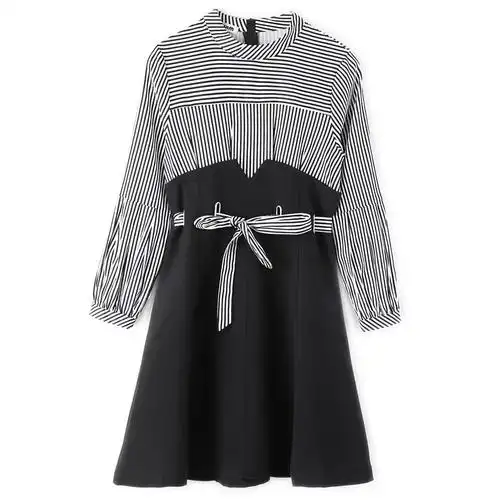 新款式2021新款女装春装条纹假两件连衣裙高腰修身显瘦雪纺小黑a字裙