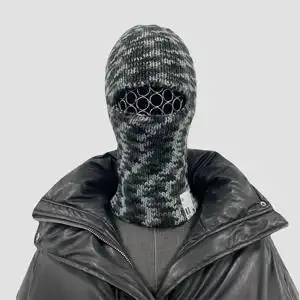 fdm 21aw 羊毛混纺条纹毛线蒙面针织头套防风户外围脖冷帽面罩