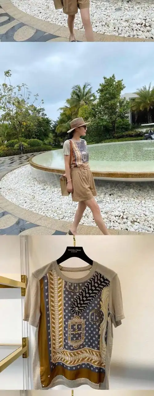 欧货花纹图案仿真丝拼接针织t恤女2021夏季新款气质复古短袖上衣