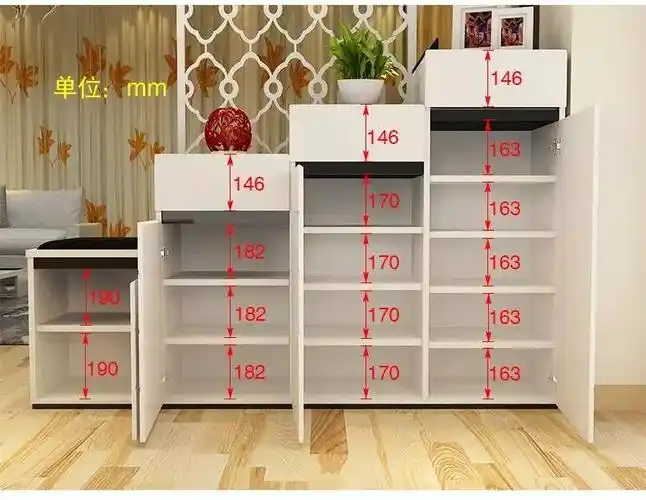 如果不想把鞋盒丢掉,鞋柜的深度尺寸是在380-400mm,鞋柜层板间高度