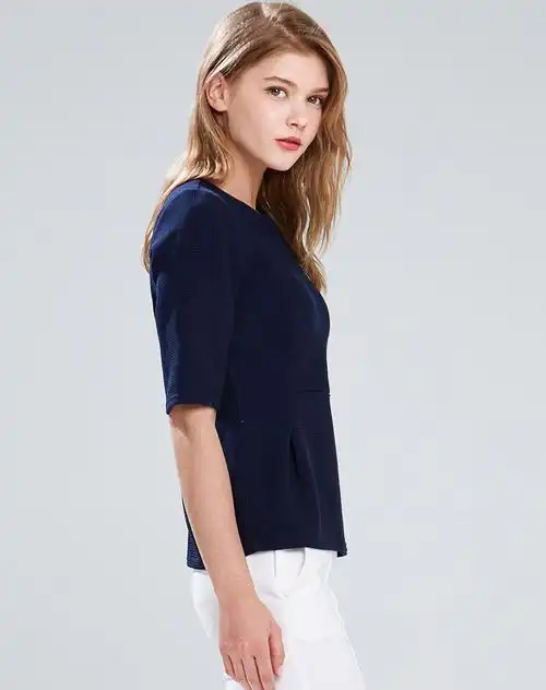 深藏蓝纯色高腰修身五分袖上衣