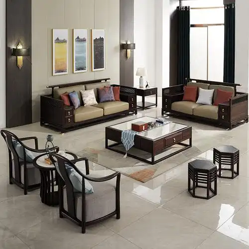 黑檀新中式实木沙发组合禅意客厅大户型别墅酒店真皮家具定制轻奢